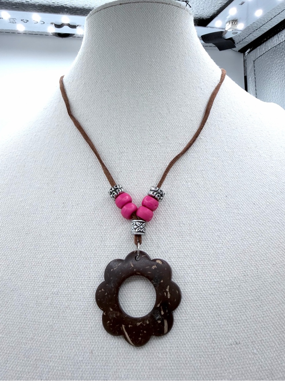Bohemian Wooden Flower Necklace Leather Cord Silver Beads & Pink Beads Jewelry